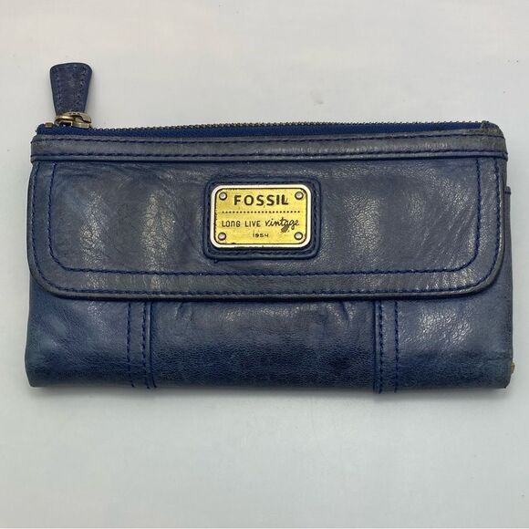 Fossil Handbags - Fossil Blue Leather Wallet Long Live Vintage Clutch Organizer ID Card Holder